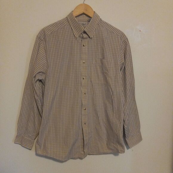 LL Bean Check Button Down Shirt-Medium-Front Pocket-Tan-Navy-Classic-Casual - Picture 1 of 8